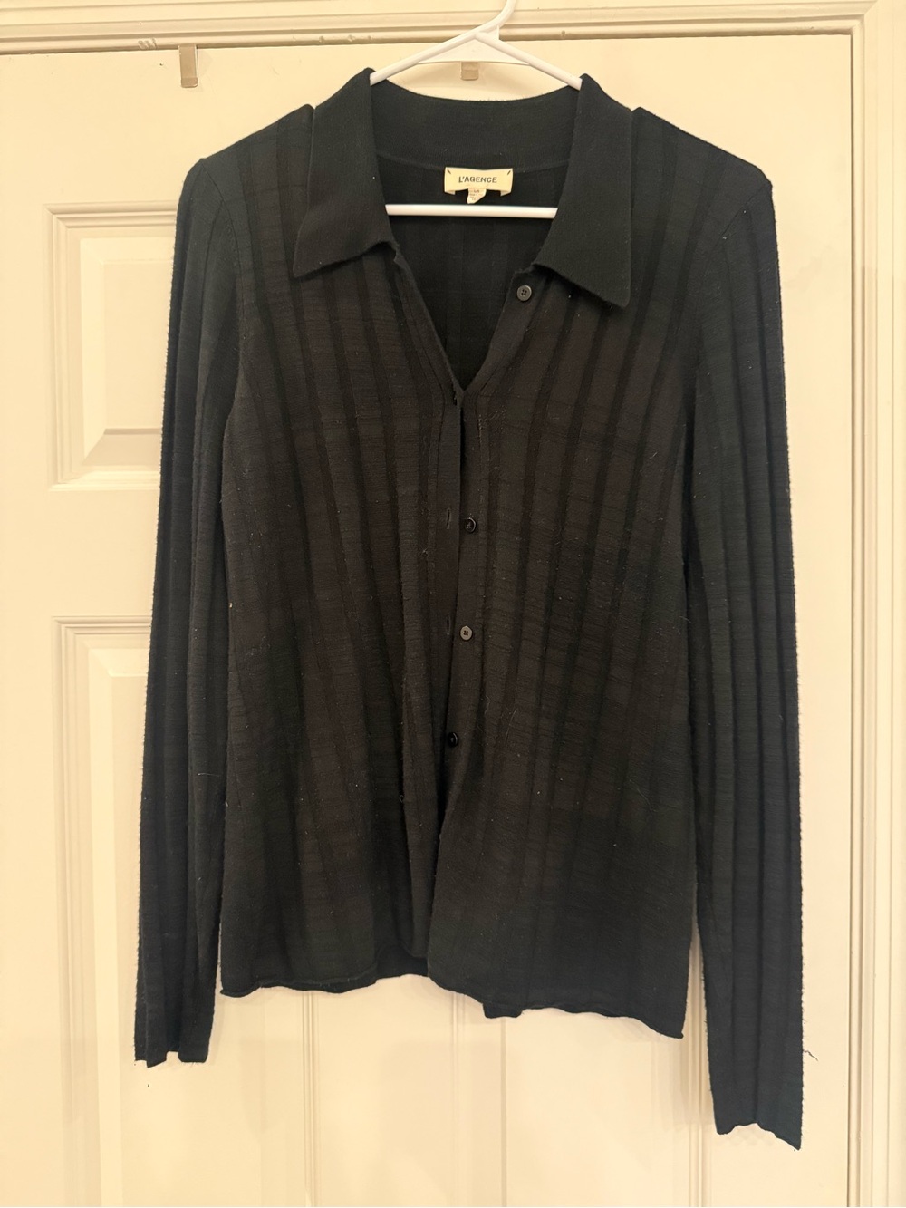 L’AGENCE Collared Cardigan Black Ribbed Button Front Sweater Top Large